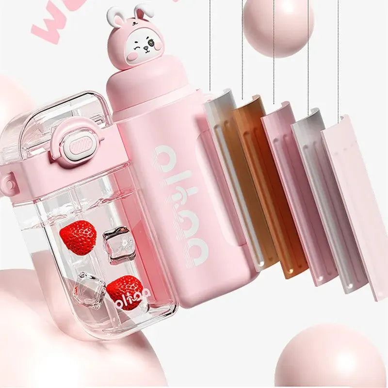 Children's Insulated Cup Straw Water Cup Girl's High Beauty Stainless Steel Plastic Cute School Dedicated Double Drinking Cup