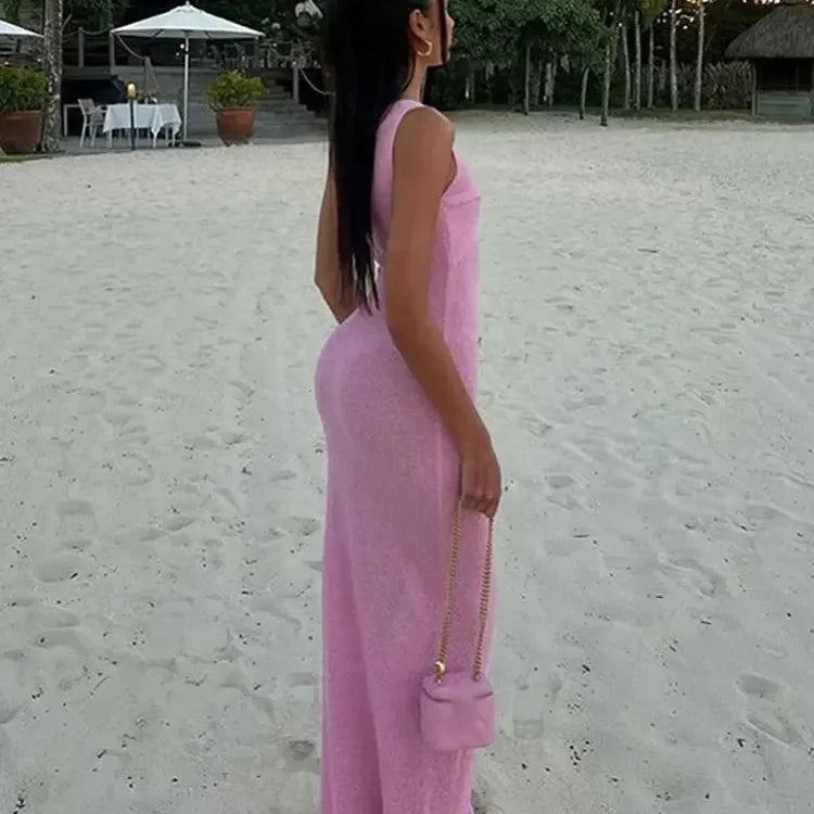 Elegant Pinck Knotted O Neck Knitted Long Dresses For Women Sexy Sleeveless Bodycon Robe 2024 Female Party Beach Party Vestidos