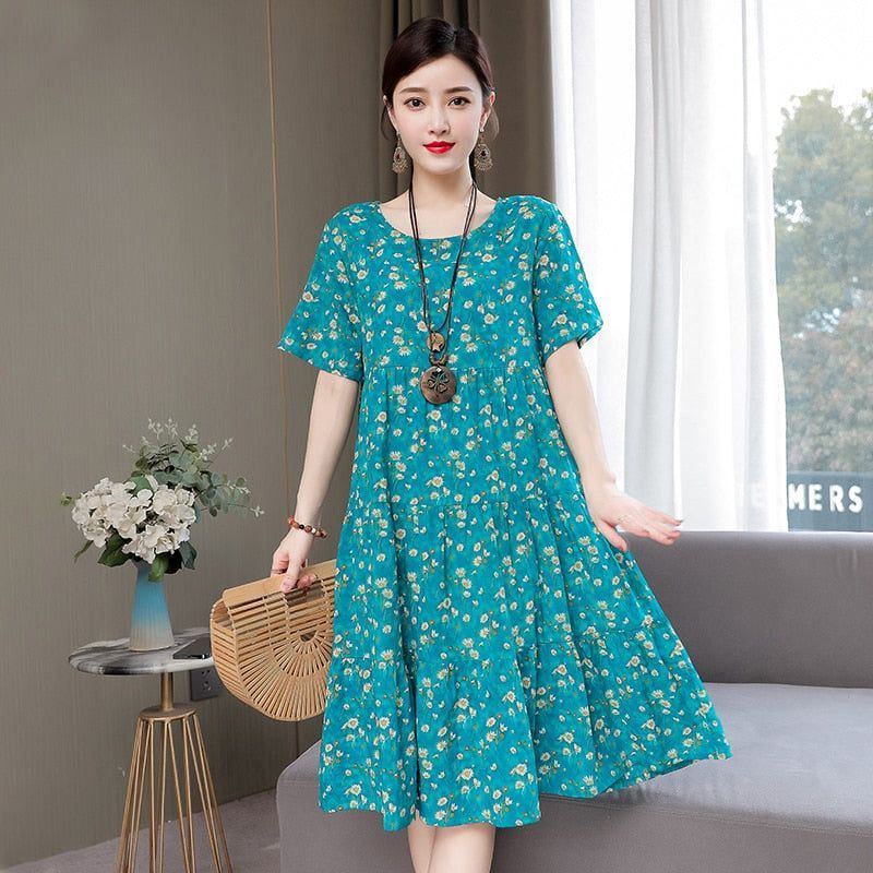 Women's dress, 2023, O-neck, printed, loose fit cotton, plus size - Jointcorp