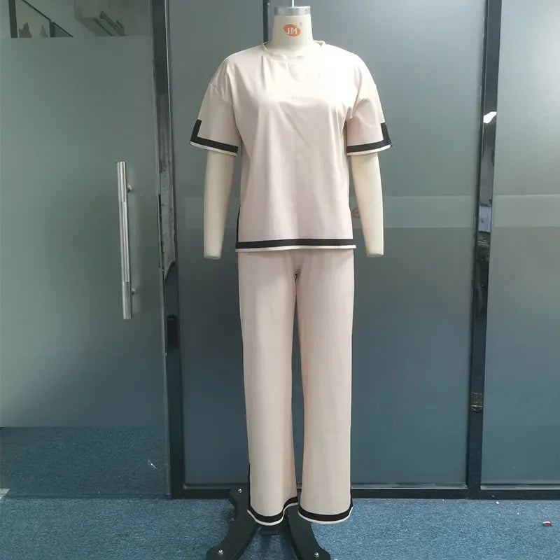 Women Two Piece Set Summer Casual Splicing Round Neck Short Sleeve Top Loose Wide Legs With Pockets Slit Pants Sets