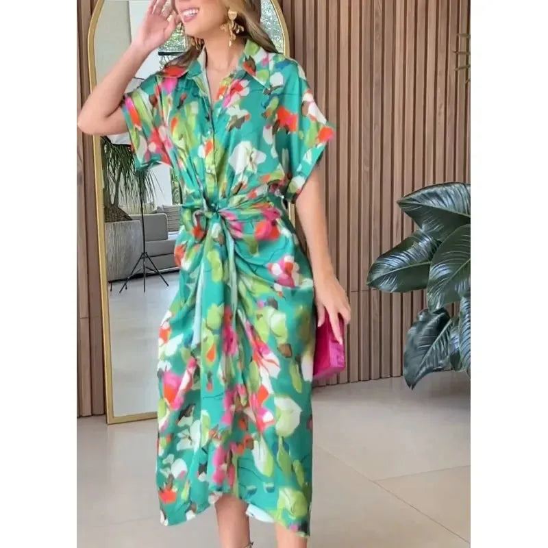 Women Dresses Short Sleeve Turn Down Collar Single Breasted Button Blouses Dress Vestidos Patchwork High Street Print Belt
