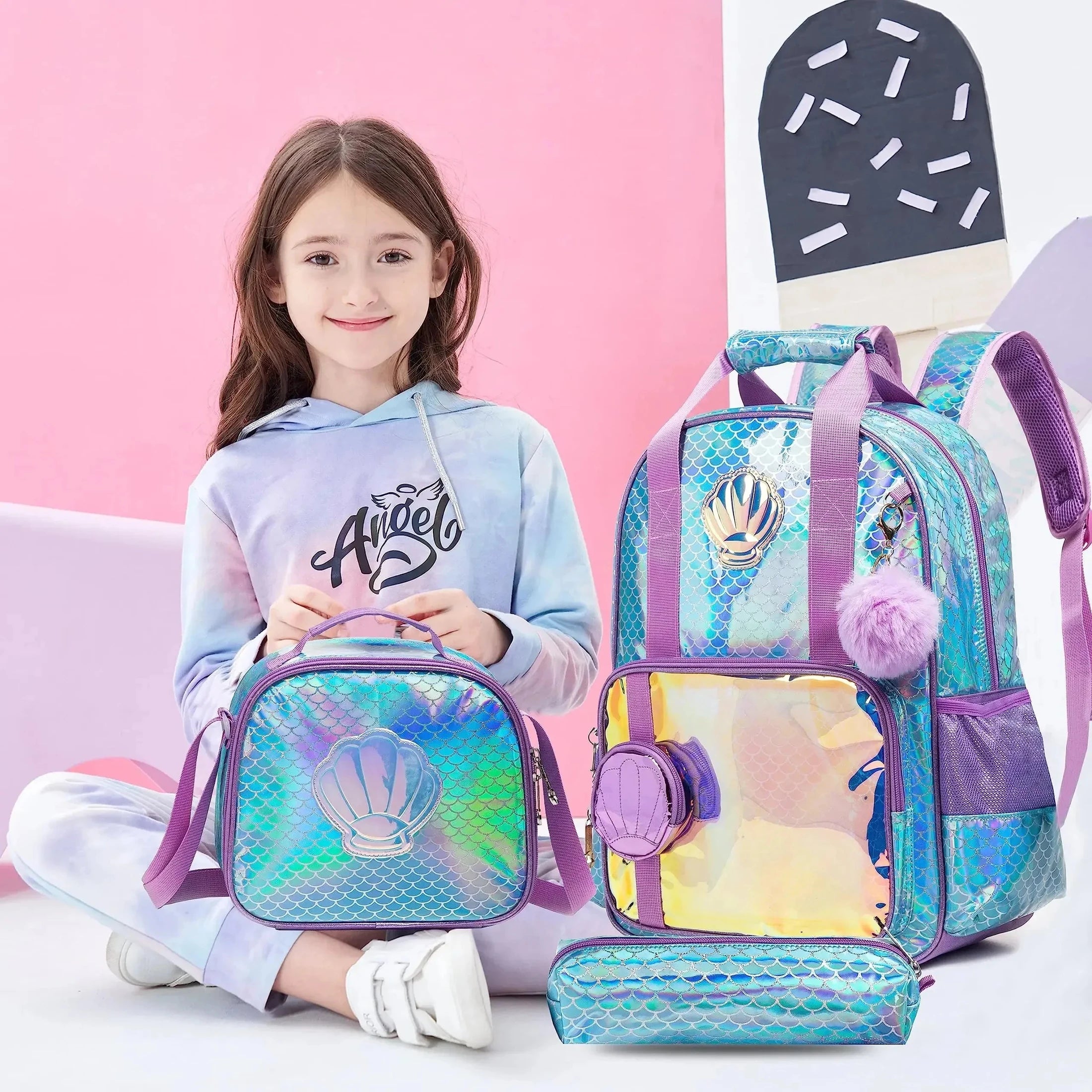BIKAB Backpack for Girls rainbow and star School Bag with Lunch Box Set for Kindergarten Glitter Sequin Bookbag for Girls