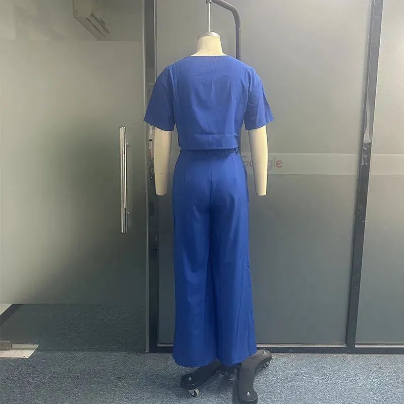 Women Two Piece Set Summer Casual Solid Short Sleeve Round Neck Top Loose With Pockets Pants Sets High Streetwear