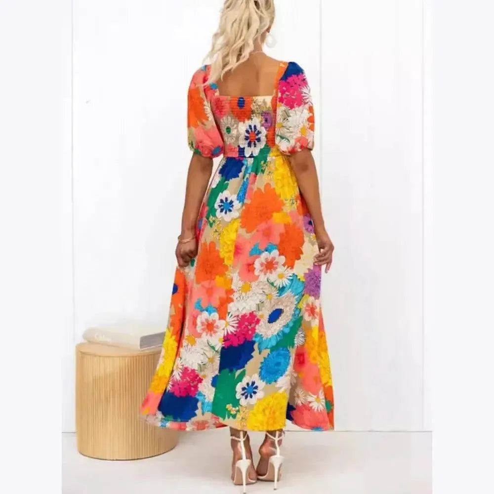 Summer Fashion New Elegant Women's Dress V-neck French Printed Bubble Sleeves Leisure Vacation Wind Flower Petal Long Dress