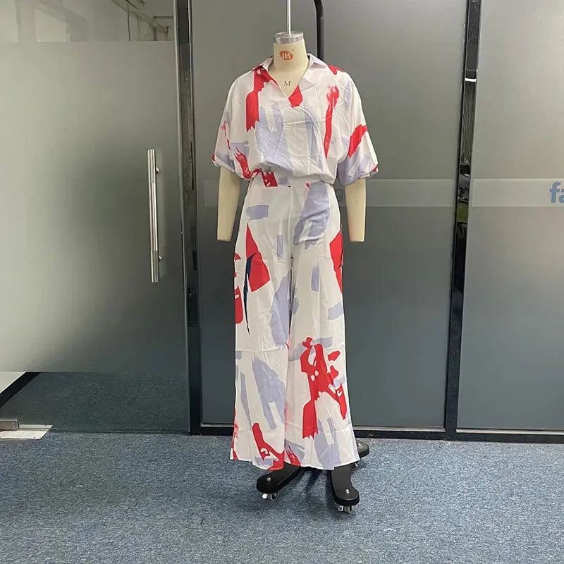 Women Two Piece Set Casual Abstract Print V Neck Laple Lantern Sleeve Long Top Loose Wide Legs Pants Sets Streetwear