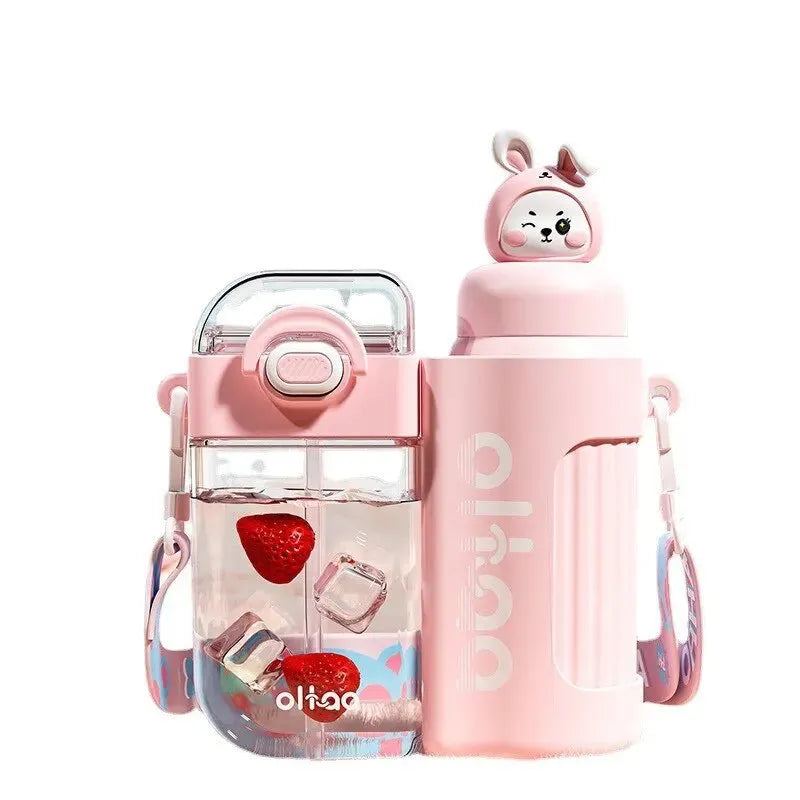 Children's Insulated Cup Straw Water Cup Girl's High Beauty Stainless Steel Plastic Cute School Dedicated Double Drinking Cup