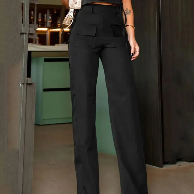 Women Two Piece Set Fashion Round Neck Solid Sleeveless Hollow Out Vest Top Loose With Fake Pockets Pants Sets High Streetwear