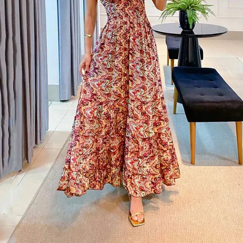 Women Maxi Dress Fashionable Strapless Short Sleeve V Neck