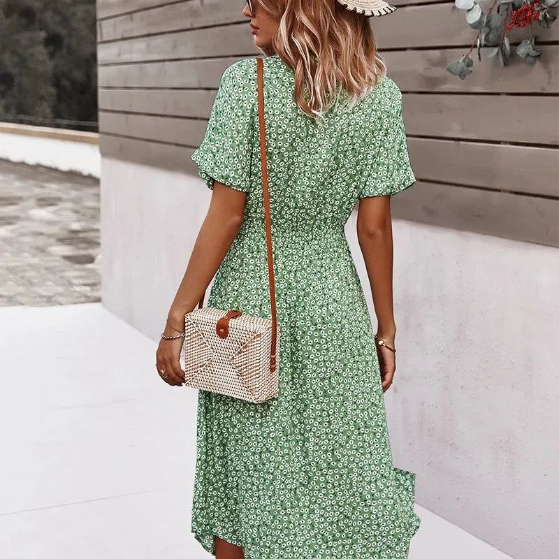 Summer Women Floral Print Dress Casual Short Sleeve Button Holiday Midi Dresses Female V-Neck Beach Boho Chic Dress Elegant Robe