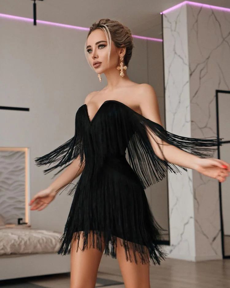 CIEMIILI New Women Fashion Tassel Bandage Dress Sexy V Neck Off Shoulder Bodycon Nightclub Celebrity Female Party Mini Dresses