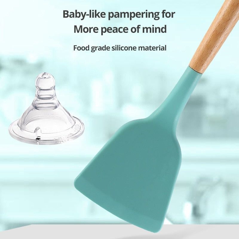 12Pcs/Set Wooden Handle Silicone Kitchen