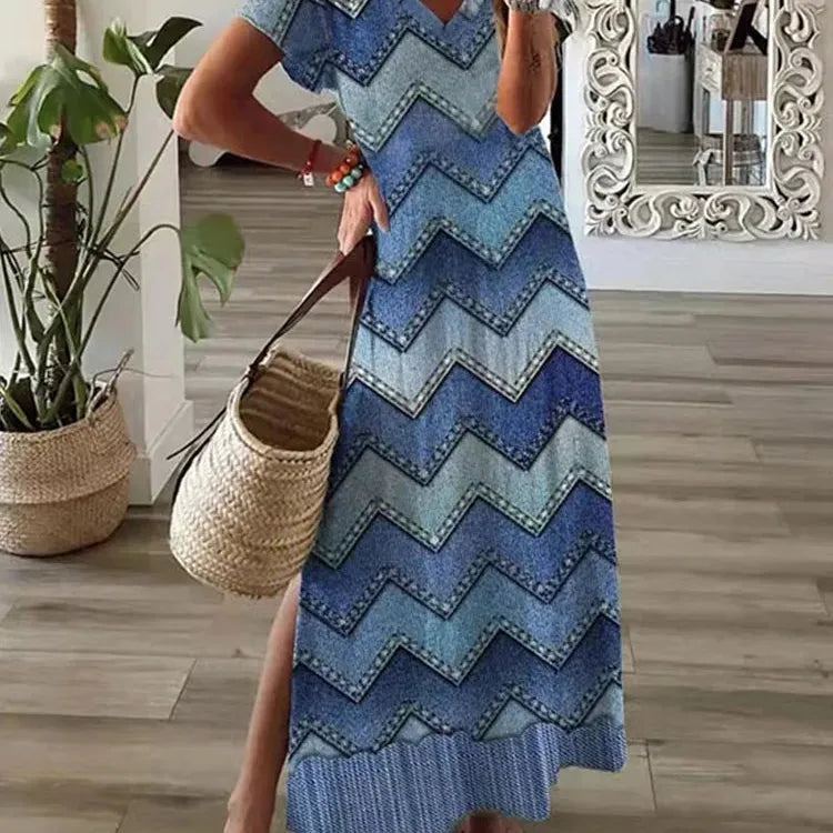 Trendy Printed maxi dress Women Round Neck Short Sleeved T-Shirt dresses Summer Casual Geometric Robe vestidos