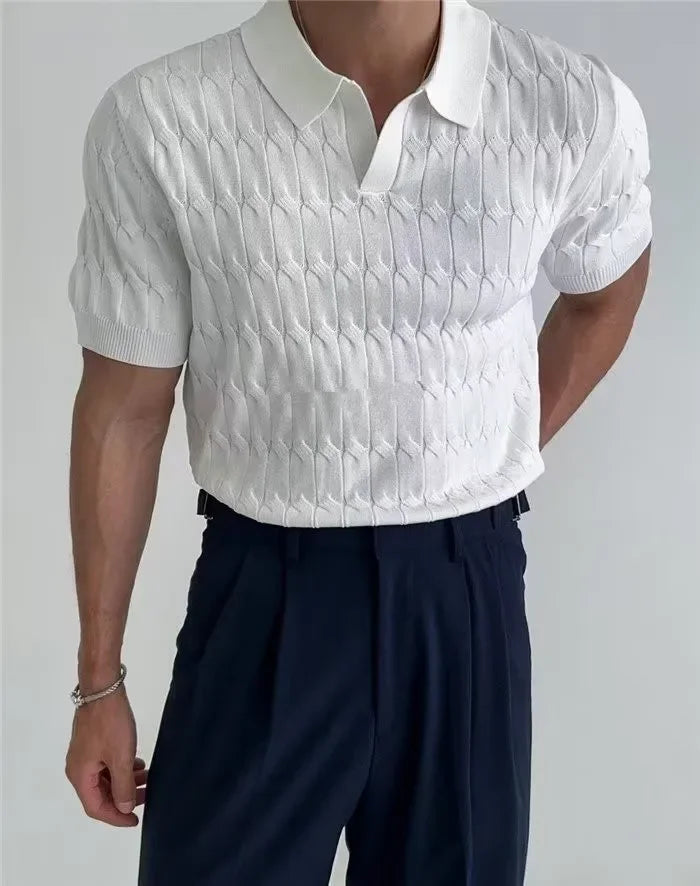 Summer Men's Jacquard Knitted Polo Shirts Stylish V-neck Short-sleeved Lapel Knit Pullover Tops Men Business Casual Wear T-shirt