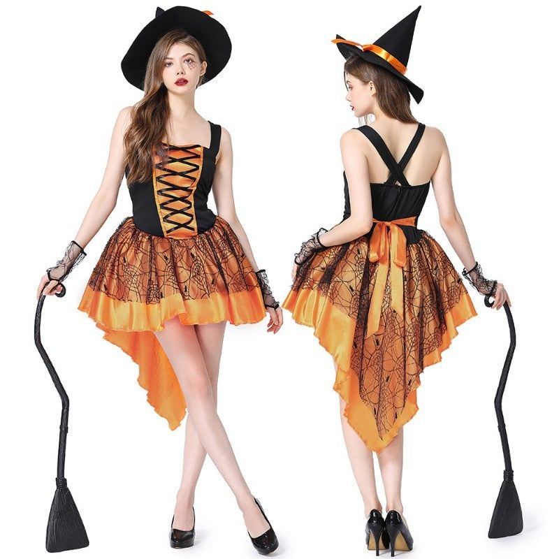 Halloween Purple Orange Sexy Mesh Strap Witch Costumes for Women Adult Fantasy Witch Party Cosplay Carnival Performance Dress