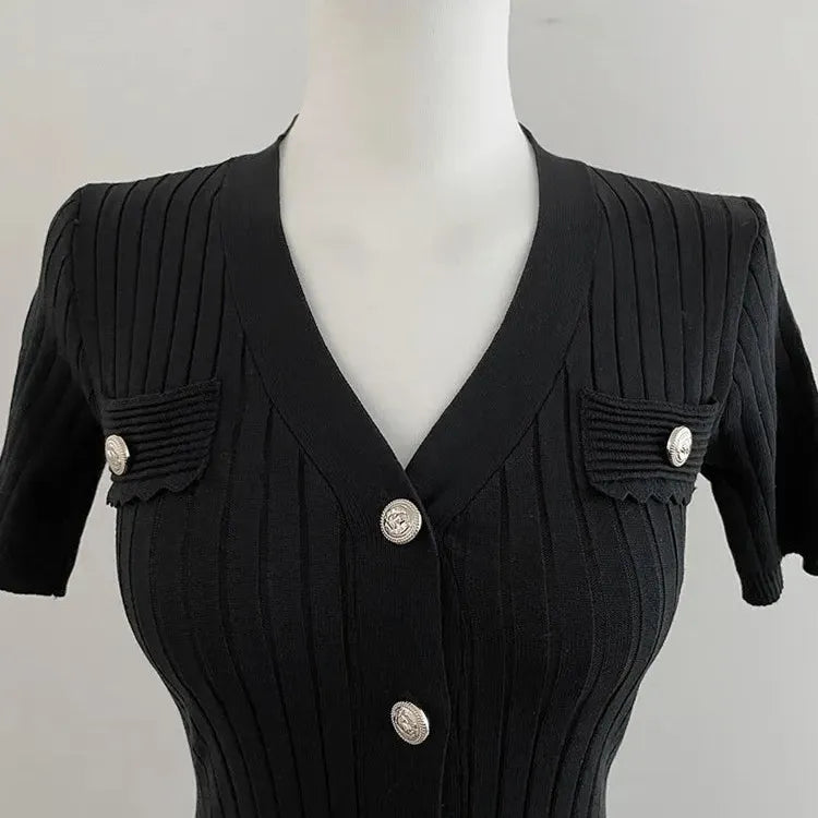 Summer Midi Dress Women Knitted Black Bodycon Korea Style Ruffle Ladies Dresses Elegant Fashion Casual Woman Dress 2023