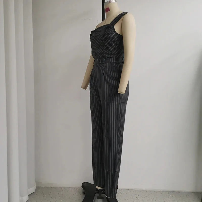Women Two Piece Set Summer Office Off Shoulder Strap Single Sleeve Top Fahion Striped Loose Pants Suit High Streetwear