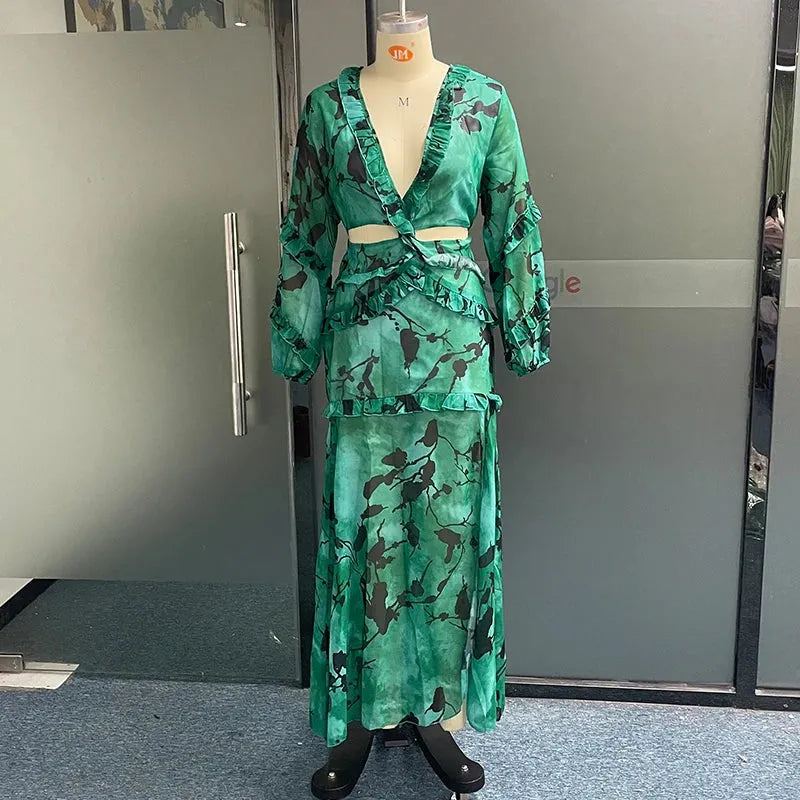 Women Maxi Dress Long Lantern Sleeve V Neck