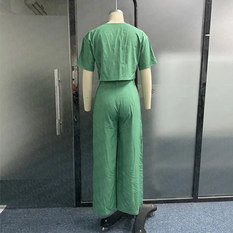 Women Two Piece Set Summer Casual Solid Short Sleeve Round Neck Top Loose With Pockets Pants Sets High Streetwear