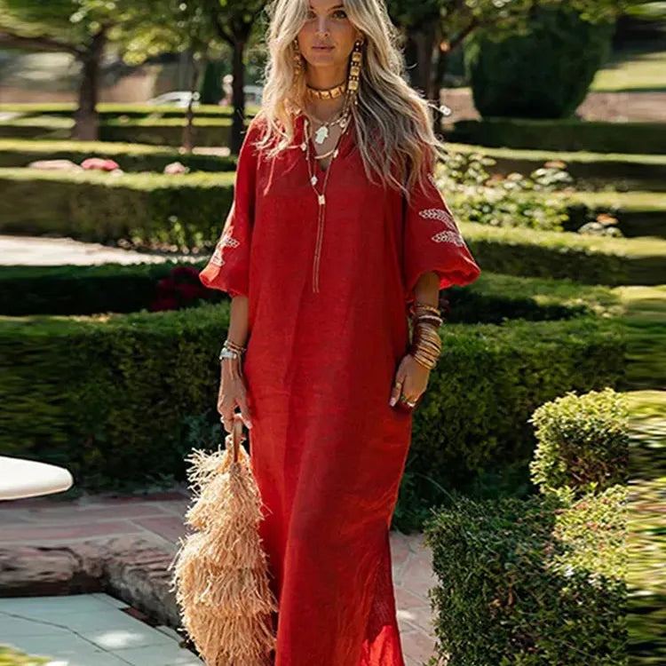 Embroidery Linen Long Lantern Sleeve Women Maxi Dress Loose V Neck Dresses Female Fashion Elegant Lady Robe 2024 Spring Summer