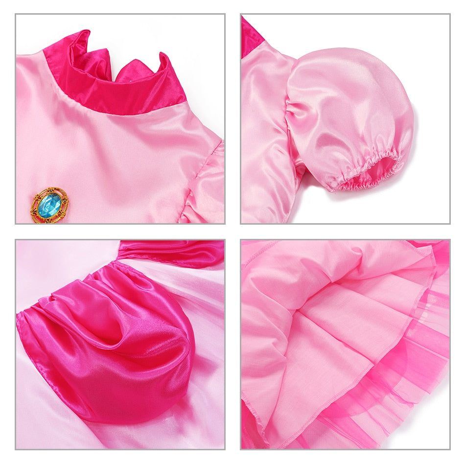 Peach Princess Cosplay Dress Girl Movie Role Playing Costume Birthday Party Stage Performace Outfits Kids Carnival Fancy Clothes