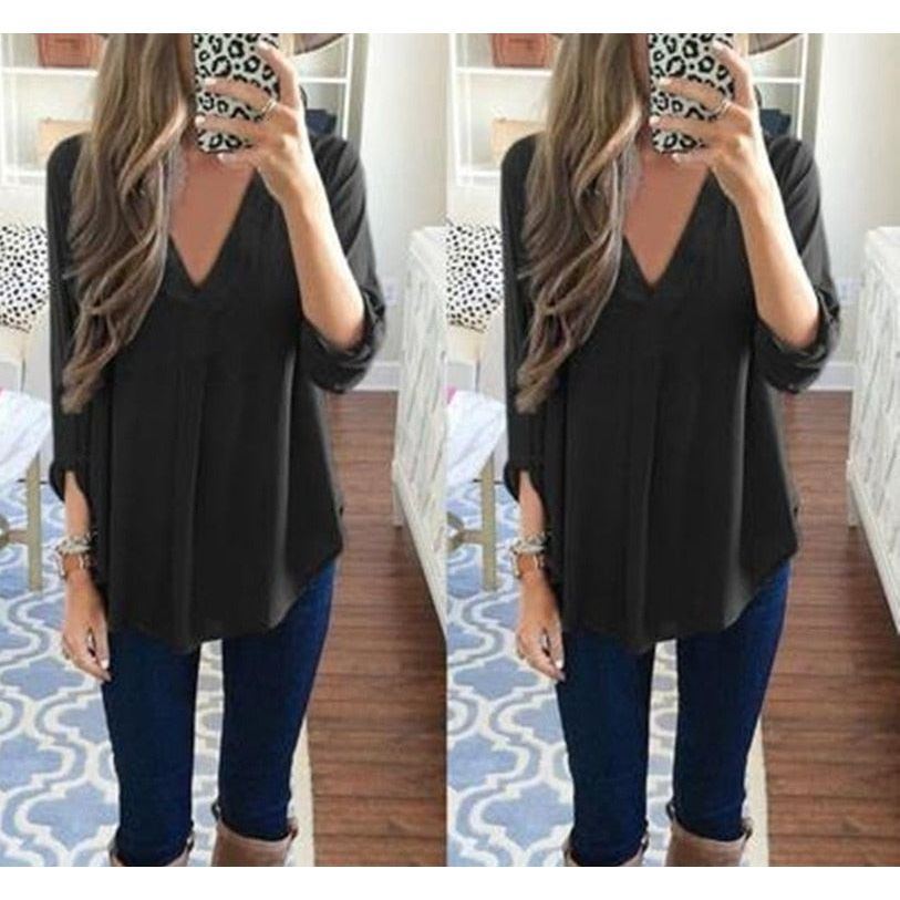 Loose Maternity V-Neck Blouse Long Sleeve Shirt Pullover Tops Chiffon Female Women Solid T-Shirt Streetwear Clothing Plus Size - Jointcorp