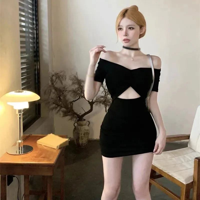 Summer Bodycon Dress Sexy Women's Hollow out Slim Versatile Solid Colour Short Sleeves V-neck Mini Dresses