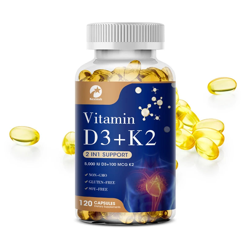 Kexinsh D3 K2 Vitamin Capsules Helps Promote Bone Heart Immune Health Non-GMO formula Protects The Heart and Supports Immunity