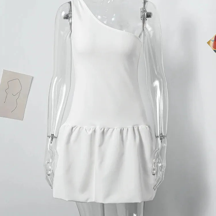 Knit One Shoulder Mini Dress Women Casual Slim White Sleeveless Female Dresses 2024 Spring Summer Elegant Chic Fold Lady Vestido