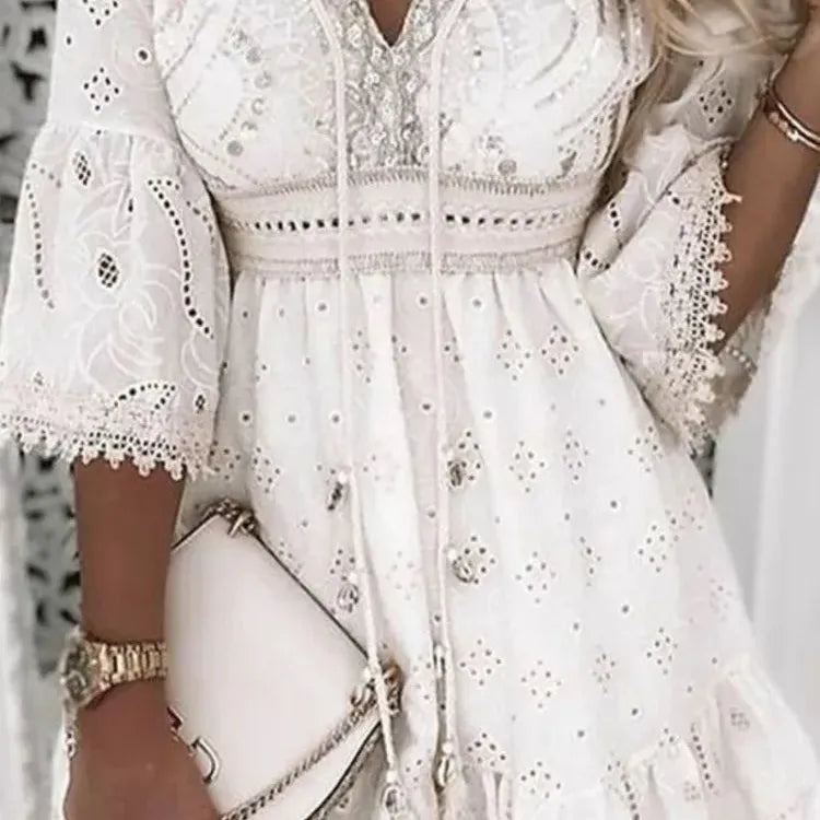 Women Elegant White Hollow Lace Mini Dress Summer V-neck Patchwork Lace Up Three Quarter Sleeve Ladies Vacation Beach Dresses