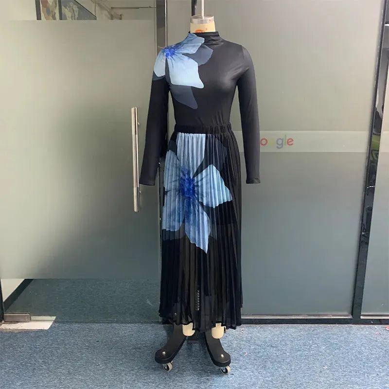 Women Two Piece Set Autumn Office Casual Floral Printed Long Sleeve Round Neck Knitted Top Loose Pleated Skirt Sets