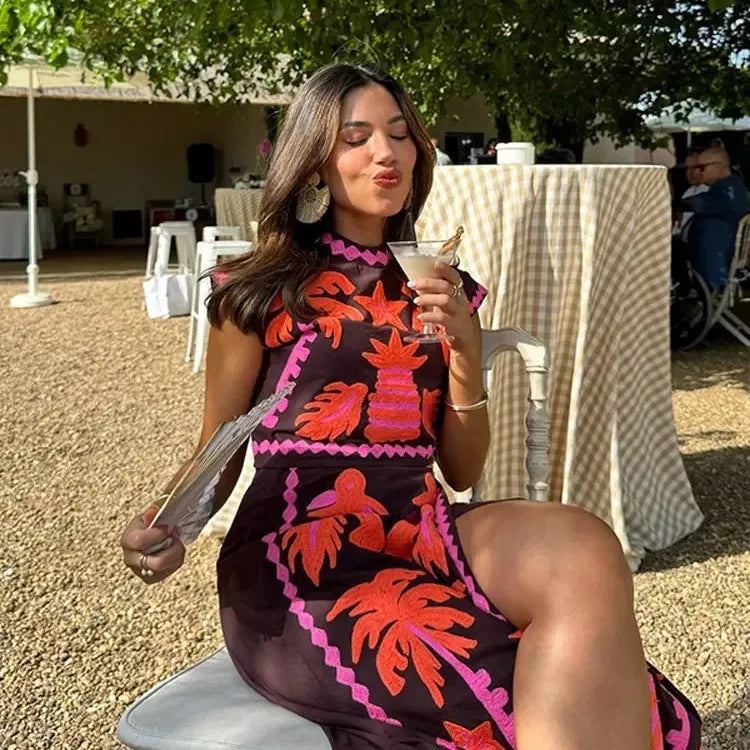 Summer Female Vintage Printed Long Skirts Suits Chic Round Neck Sleeveless Crop Tops High Waist Skirt Set Female Street Outfits