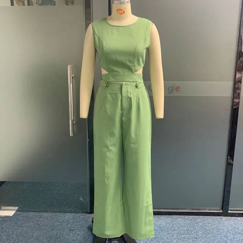 Women Two Piece Set Summer Casual Solid Round Neck Sleeveless Hollow Out Top Loose Wide Legs Pants Set High Streetwear