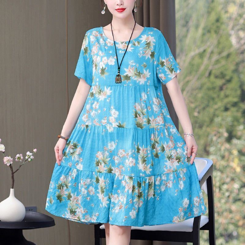 Women's dress, 2023, O-neck, printed, loose fit cotton, plus size - Jointcorp