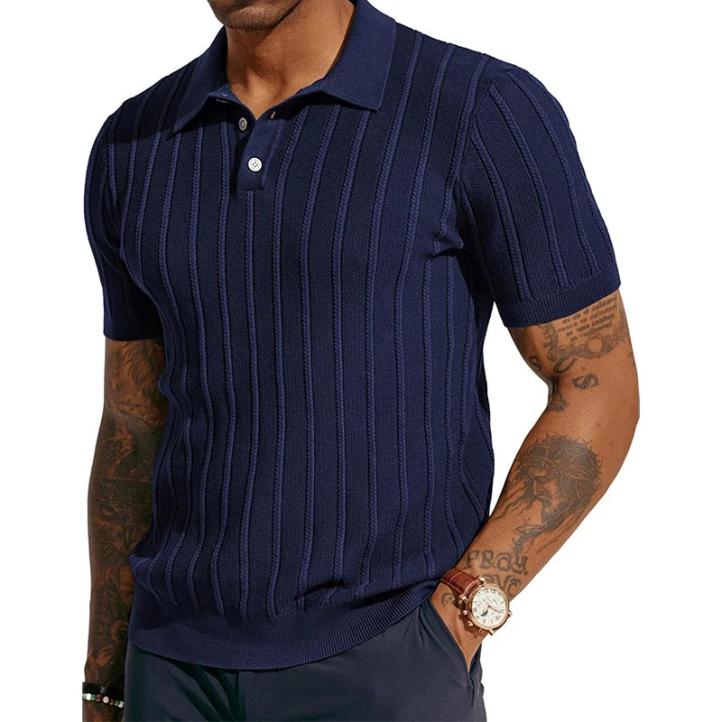 2024 Summer Short Sleeve Casual Polo Shirt Men Knitted Turn-down Collar Buttoned T Shirts Vintage Striped Knitting Solid Polos