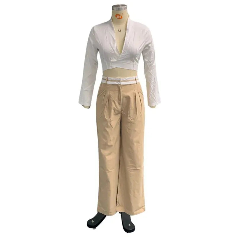 Women Two Piece Set Fashion Solid Long Sleeve Lapel V Neck High Single Button Short Top Loose With Pockets Pants Sets