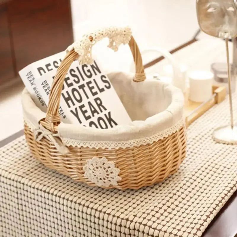 Rattan Picnic Basket Seaweed Wicker Rattan Hanging Flower Hand Woven Serving Basket With Handle Picnic Fruit Flower Basket