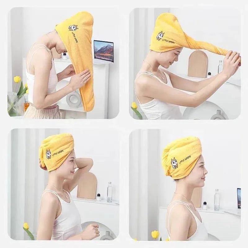 Microfiber Towel Hair Towel Bath Towels For Adults Women Home Embroidered Daisy Animal Coral Velvet Shower Cap Dry Hair Cap 1pc