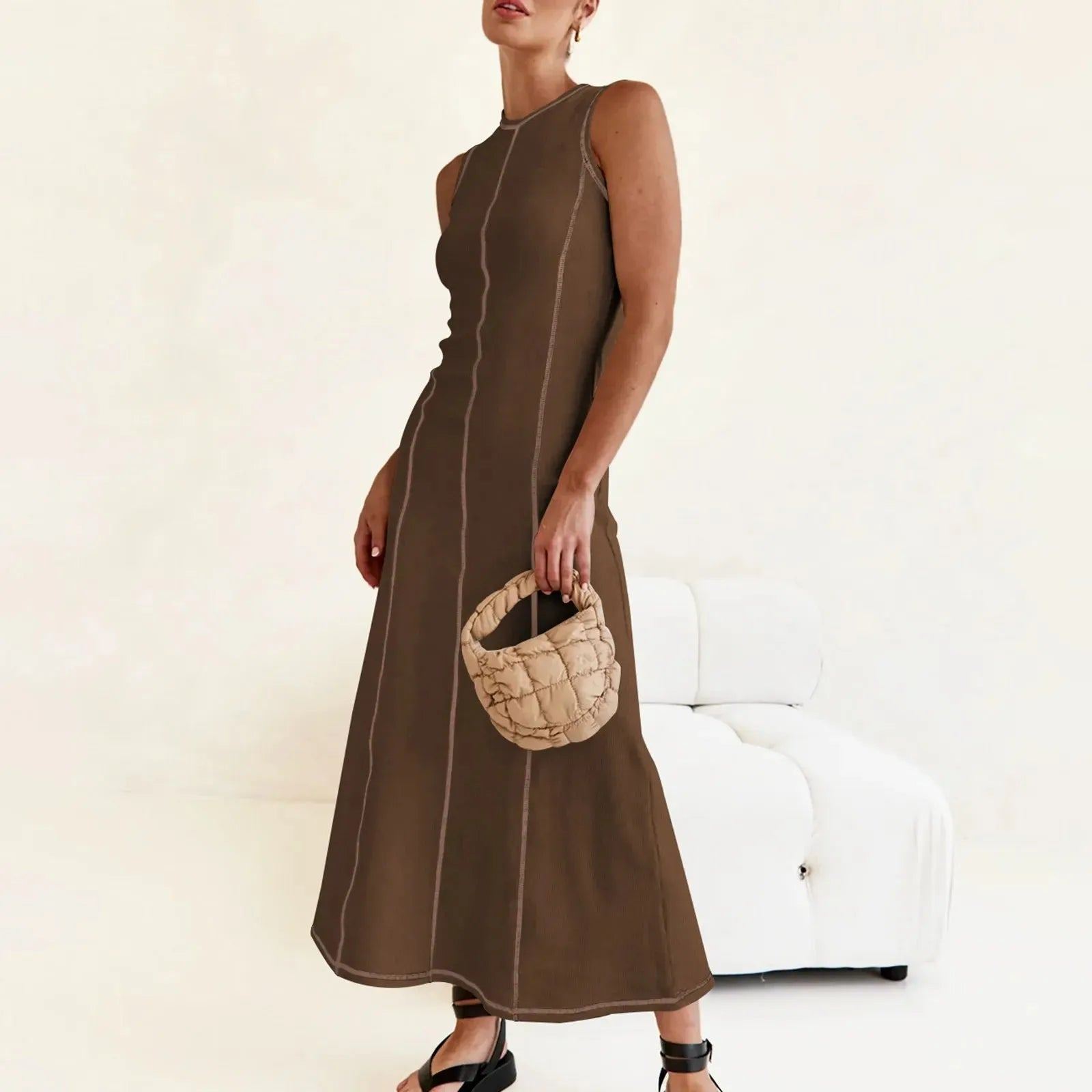 New Contrasting Line Dress Round Necked Sleeveless Slim Fit Vest Dresses For Women Summer Fashion Trend All-Match Vacation Dress