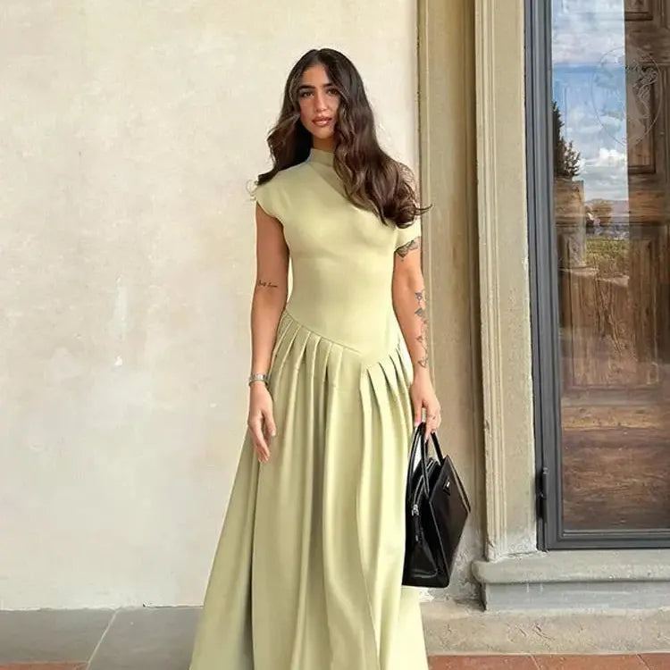 Chic Solid High Collar Pleated Patchwork Dress Elegant Short Sleeved Slim Fit A-line Dresses 2024 New Lady High Street Robe