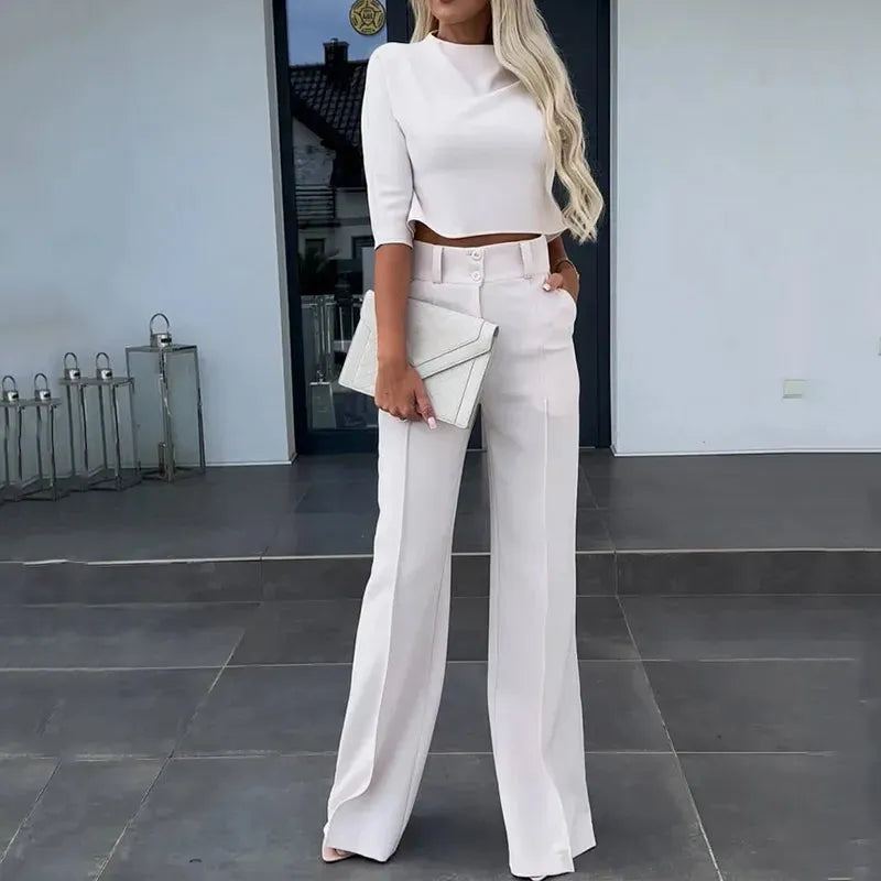 Women Two Piece Set 2023 Autumn Casual Solid Round Neck Half Sleeve High Waist Top Straight Loose Pants Set Streetwear