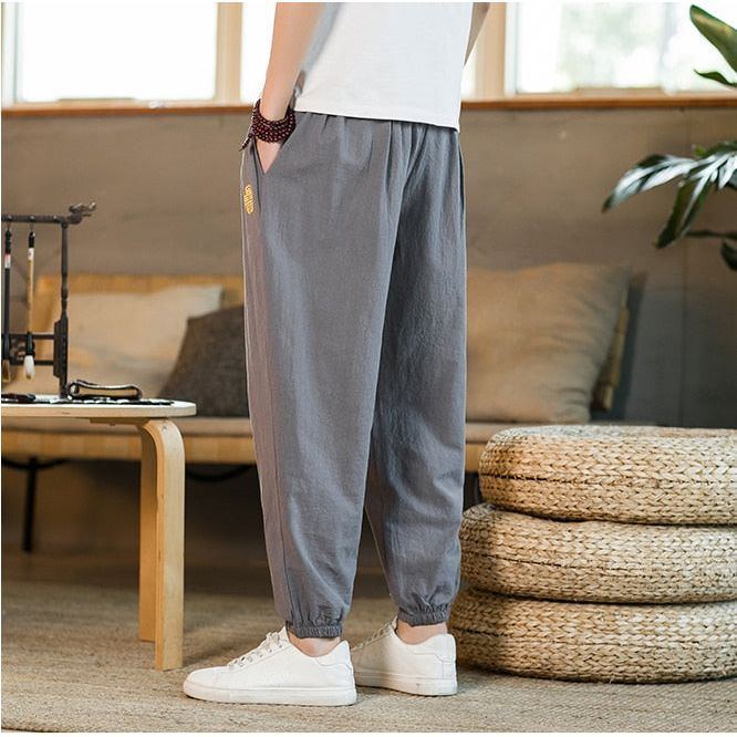 Cotton Linen Pants Men Fashion Embroidery Loose Pants Men's Street Jogging Pants - Jointcorp