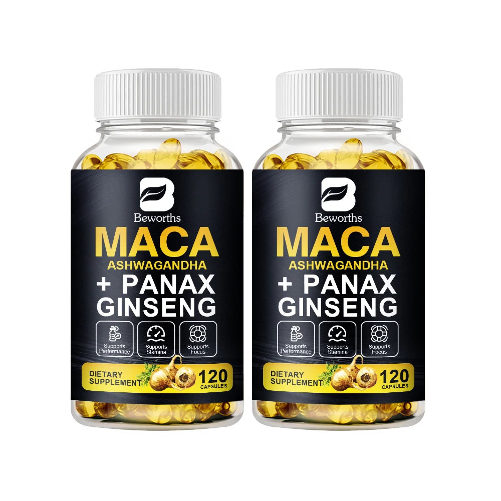 BEWORTHS Natural Maca Root Capsules with Ashwagandha Extract Vegetarian for Men Health Soft Gels Gluten Free Energy Supplement