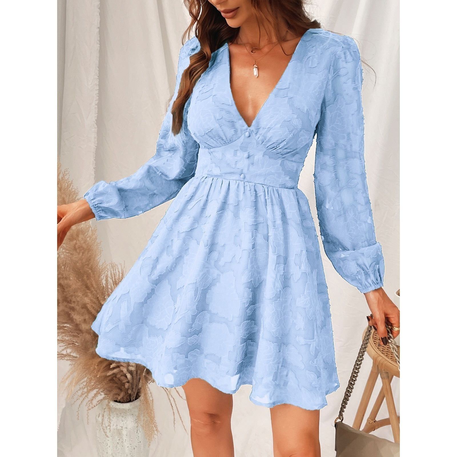 MISS PETAL Plunge A-Line Mini Dress Woman Green Sexy Long Sleeve Party Dress 2023 Spring Autumn Female Sundress Vintage dresses - Jointcorp