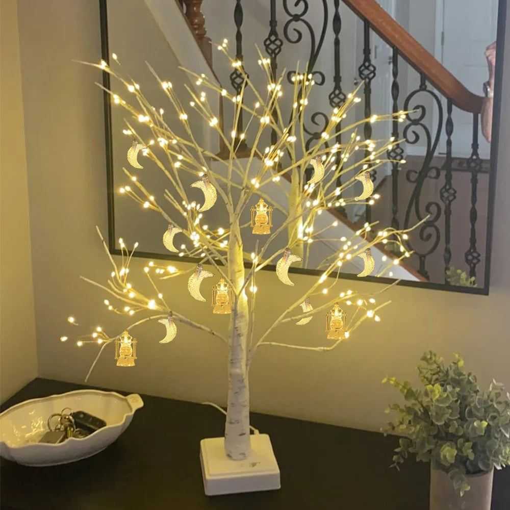 Ramadan Decoration 2025 Lighted Birch Trees Star Moon String Lights Eid Mubarak Tabletop Tree Decoration Islamic Muslim Supplies