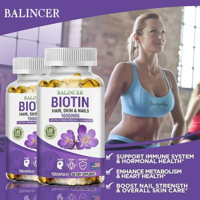 Biotin 10000 mcg - Hair Growth Supplement - Helps Nails and Skin, Immunity, Suitable for Men and Women