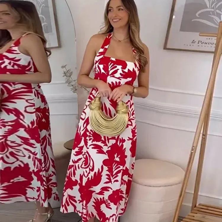 Fashion Red Print Halter Midi Dress Women Slim Off Shoulder Backless Vestidos 2024 New Casual Female Beach Maxi Dresses