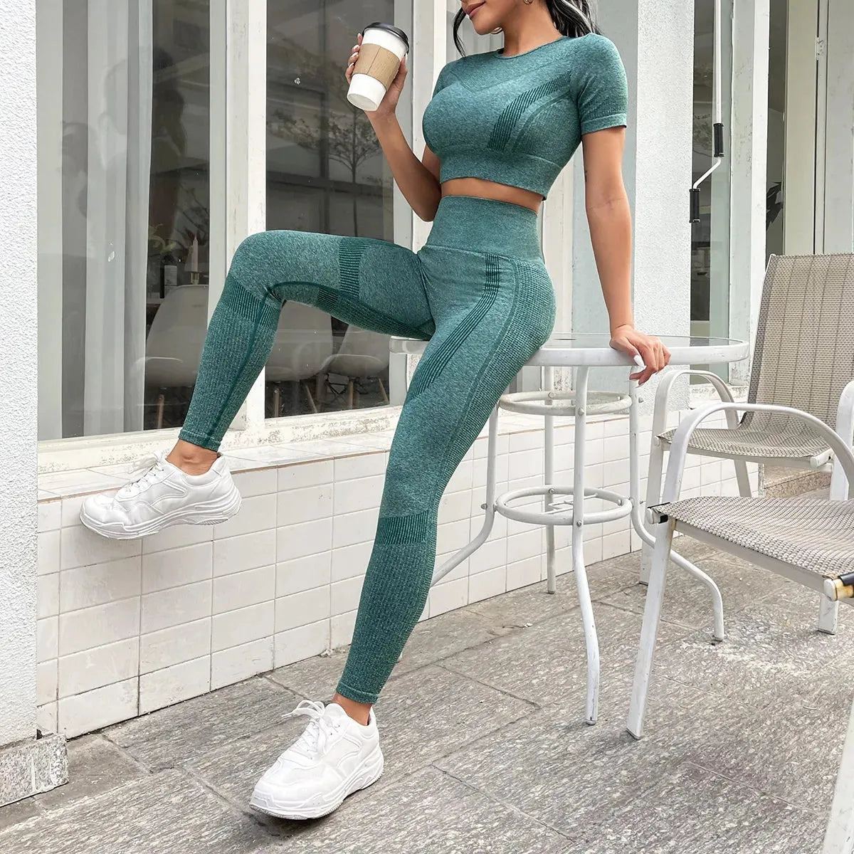 2pcs Workout Yoga Sets, Short Sleeve Cropped Top & High Waist Running Leggings, Women's Activewear