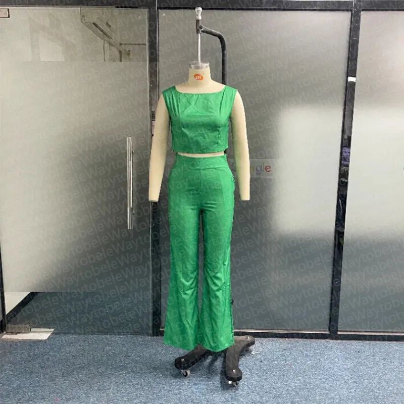 Women Two Piece Set Casual Sleeveless Solid Round Neck Vest Top Straight Loose Pants Sets High Streetwear