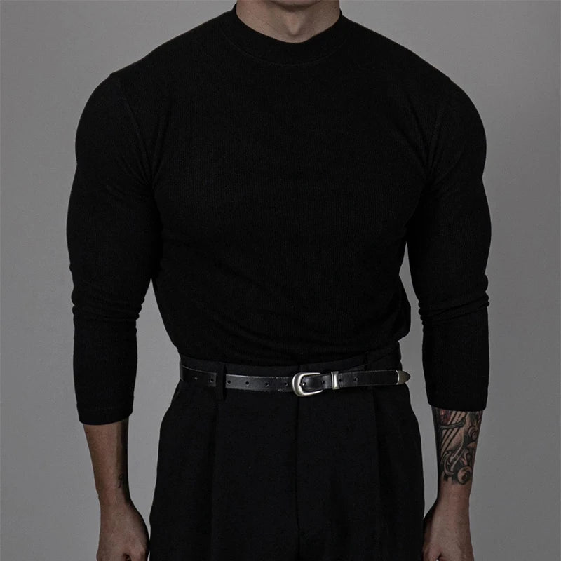 Fashionable Ribbed Solid Color Bottoming Tee Men Autumn Casual Mock Neck Long Sleeve Slim T-shirt For Mens Stylish Basic T Shirt