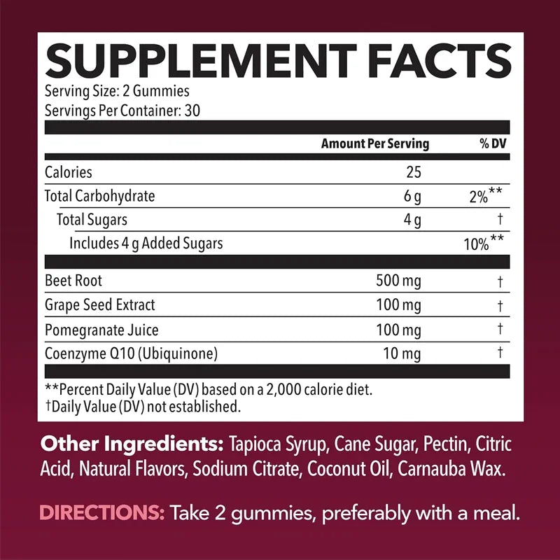 Beet root gummies contain coenzyme Q10 energy supplements and pomegranate extract, supporting 60 healthy energy pills
